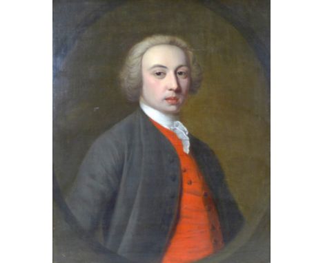 British School (early 19th century): half-length portrait of a Georgian gentleman, wearing a white shirt and tie, red waistco