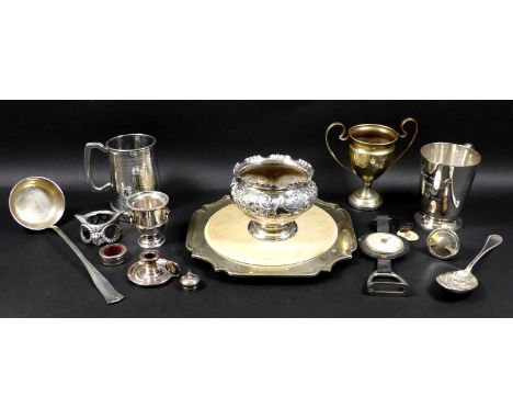 A collection of Victorian and later silver plated items including a square plated salver with inset wooden bread board, 27 by