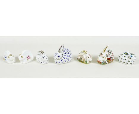 A group of seven Royal Crown Derby paperweights, all modelled as rabbits, comprising 'Baby Rowsley Rabbit', 2000, one of an e