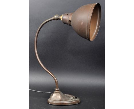 A vintage 20th Century Art Nouveau influenced copper and brass table lamp light having coloured aluminium pendant shade suppo