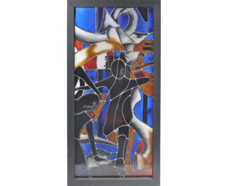 A 20th Century Contemporary abstract stained glass window panel / artwork featuring figures with a&nbsp; distorted backdrop. 
