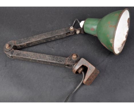 A retro mid 20th Century industrial / factory adjustable workmen's mountable desk lamp / machine lamp light having a green pe