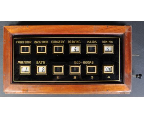 A late 19th Century Victorian servants call box / bell board having a mahogany case and glazed front panel with notations and