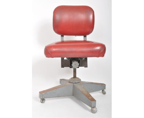 Cole-Steel - A retro vintage mid 20th Century industrial factory machinists swivel stool chair&nbsp;having a red leather padd