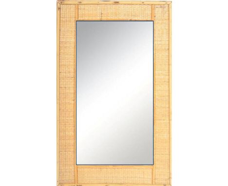 A retro vintage 20th Century bamboo and cane hanging mirror of rectangular form having a central mirror panel. Measures appro