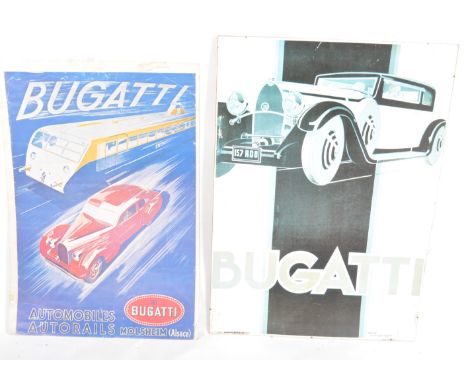 Bugatti - Two late 20th Century car / motoring posters for Bugatti. One being a poster featuring the iconic Bugatti racing a 