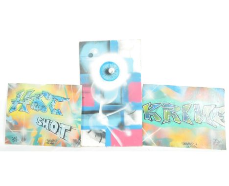A selection of three late 20th Century Contemporary spray paint / mixed media on board urban graffiti artwork. One signed Liz