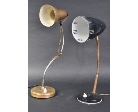 Two retro vintage mid 20th Century desk / bedside lamp lights. One of Italian design having a black cone shaped shade with br
