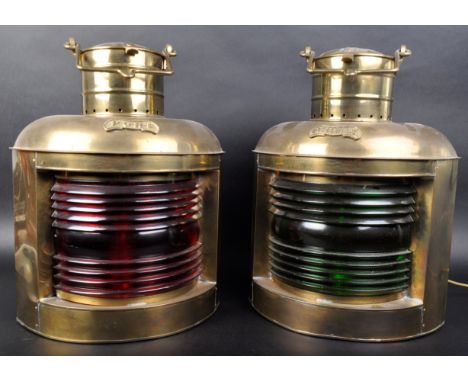 A pair of vintage 20th Century nautical / maritime ships navigation lamp lights of brass construction with each having ribbed