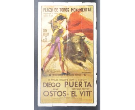 A 20th Century Spanish bullfighting advertising poster featuring a&nbsp;matador and bull. On at the Plaza De Toros Monumental