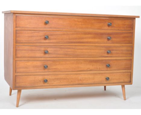 A large retro mid 20th Century teak wood plan chest / chest of drawers having five graduating drawers each with turned handle