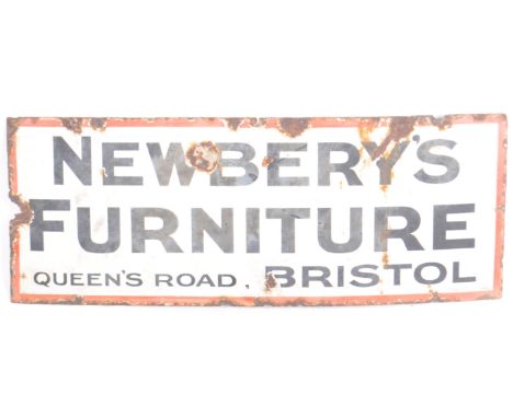 Newbery's Furniture - A retro vintage mid 20th Century point of sale advertising porcelain enamel display sign. The sign havi