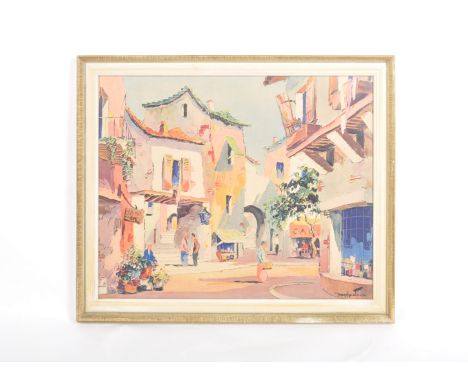 Doyly John (1906-1993) - A retro vintage mid 20th Century print in full colours depicting an Italian village scene with shops