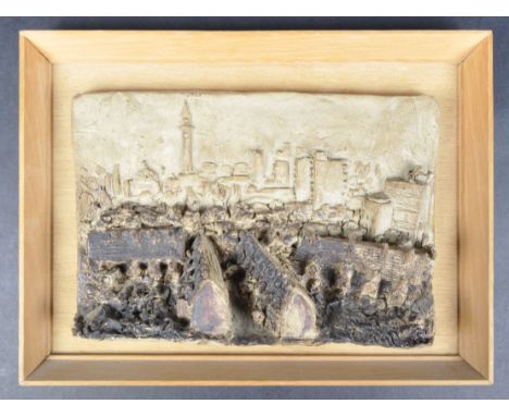 A retro vintage 20th Century 1970s studio art pottery wall plaque art depicting village scene. Set within a light oak frame. 