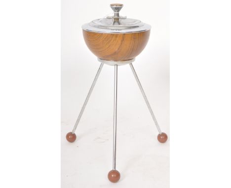 A retro mid Century atomic sputnik space age chrome and walnut ashtray of bowl from raised on three splayed supports with bal