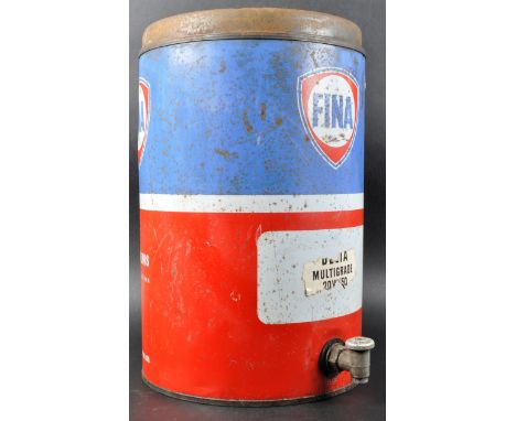 Fina - A retro 20th Century display five gallon oil can of cylindrical drum shape form in red and blue colourway with adverti