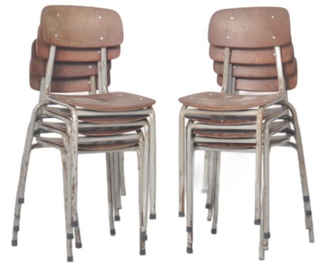 A matching set of eight (8) retro 20th Century stacking dining / school chairs with each having bentwood panel back and seat 