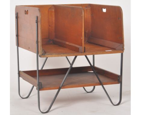 GPO - A large retro mid 20th Century oak-ply and cast iron storage / letter rack stand having twin section with carrying hand