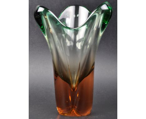 A retro vintage 20th Century Italian Murano studio art glass vase of trefoil form with fading green colourway in to an orange