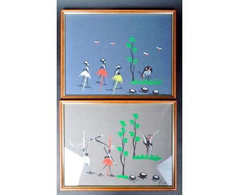 Two vintage mid 20th Century African mixed media on paper paintings with each depicting Tribal figures wearing colourful garm