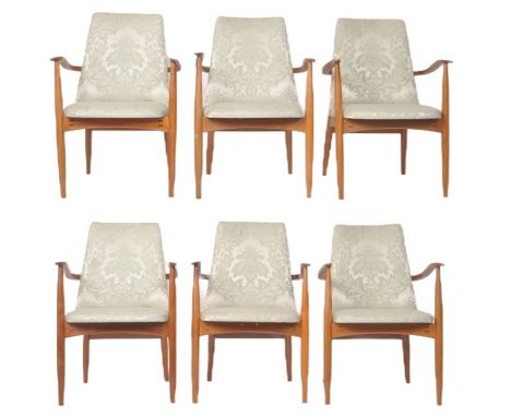 Vanson - A matching set six of 20th Century teak framed dining carver armchairs with each having turquoise floral padded seat