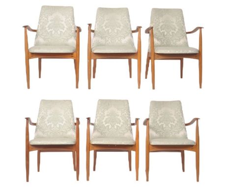 Vanson - A matching set six of 20th Century teak framed dining carver armchairs with each having turquoise floral padded seat