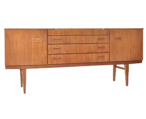 Beautility - A retro 20th Century 1970s teak wood sideboard credenza having a central bank of four graduating drawers flanked