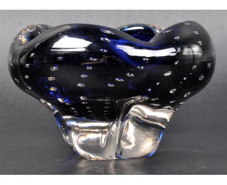 Geoffrey Baxter - WhiteFriars - Molar - A retro 20th Century studio art glass vase in deep blue with bubble controlled decora