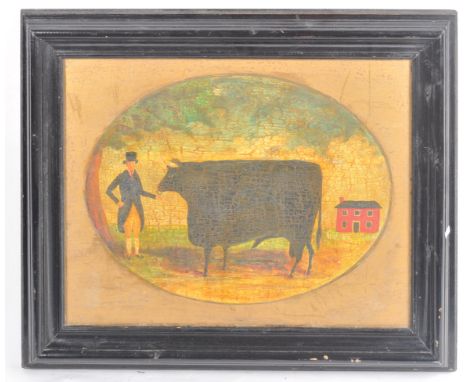 A contemporary antique style naive painting on board depicting a large bull within an oval cartouche set within an ebonised c