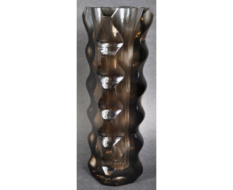 Oldrich Lipsky for Exbor - A retro 20th Century 1960s&nbsp;Czechoslovakian designer smoked faceted cut glass vase of rippled 