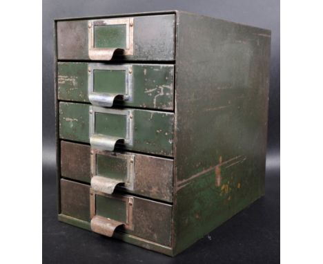 A vintage early 20th Century WWII era military / industrial index desktop filing cabinet of painted metal construction. The c