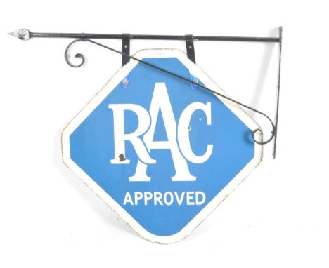 RAC - A vintage 20th Century motoring forecourt / petrol station double sided enamel porcelain advertising sign having white 