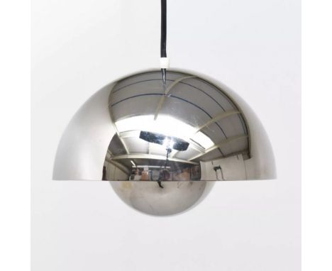 After Verner Panton - A contemporary chrome hanging ceiling light of domed form with white finished inner and diffuser presen