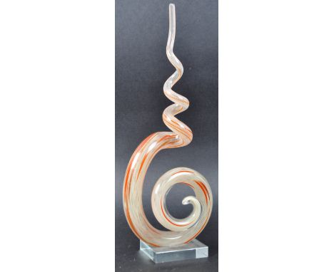 A retro 20th Century Italian Murano studio art glass freeform sculpture in off white colour with orange flex throughout. Rais