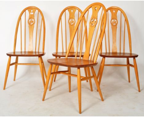 Ercol - Swan Pattern - A matching set of four retro 20th Century light beech and elm dining chairs having central splats with