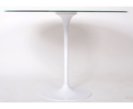Manner of Eero Saarinen for Arkana - A contemporary tulip design dining table having a large circular frosted glass top suppo