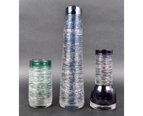 Bengt Edenfalk for Skruf - A trio retro 20th Century Swedish 1960s studio art glass vases with each having spun glass decorat