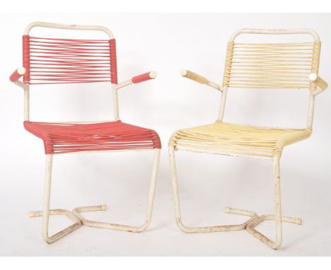 A pair of retro vintage mid 20th Century Italian cantilever spaghetti garden chairs having tubular frames with string seat an