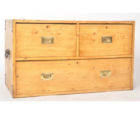 A late 19th Century Victorian pine and iron bound half size campaign chest of drawers / coffee table. A configuration of two 