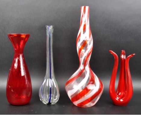 A selection of four retro vintage mid 20th Century Italian studio art glass vases including a&nbsp;Empoli Glass genie bottle 