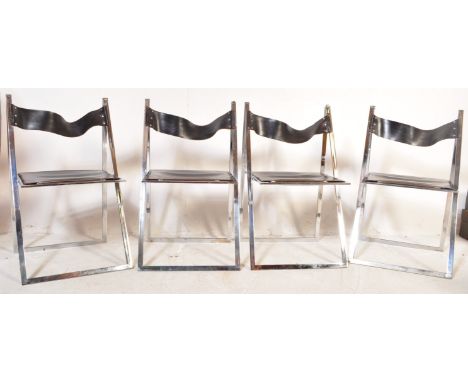 Vono Lubke -&nbsp; A matching set of four retro 20th Century 1970s German folding chairs having black leather sling back and 