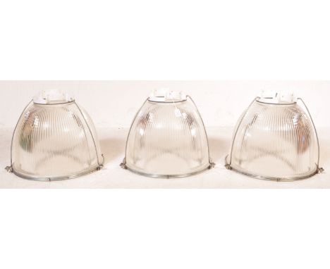 Holophane - A set of three retro vintage mid 20th Century industrial factory pendant light shades of metal and glass construc