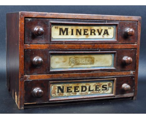 A 19th Century Victorian shop counter display three drawer sewing chest with each drawer having turned handles and glass nota