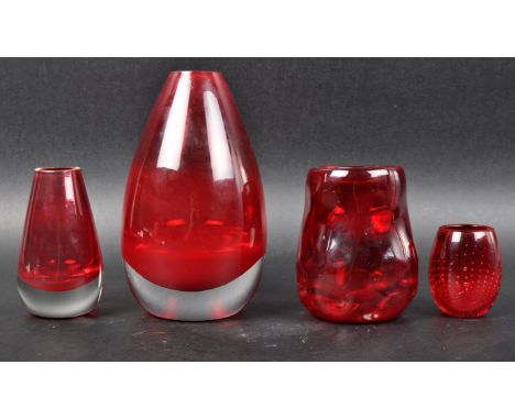 Whitefriars - A selection of retro 20th Century ruby red glass vases including a&nbsp;Model 9843 Knobbly example, bubble cont