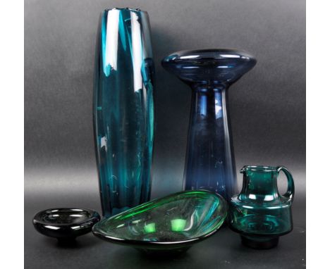 A selection of retro mid 20th Century studio art glass to include&nbsp;Lotta Pettersson for Ikea green dish, Whitefriars jug 