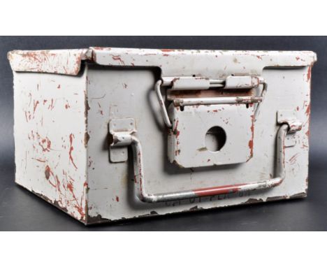 A retro vintage mid 20th Century industrial / machinist's metal work box with single lift up lid opening to reveal a hollow i