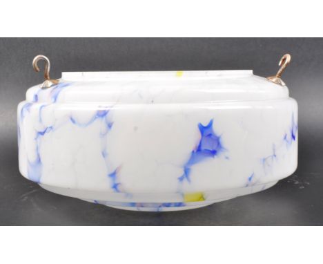 A vintage 20th Century Art Deco mottled white and blue glass fly catcher ceiling light shade of classic form with ceiling hoo