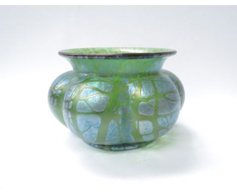 A Loetz green iridescent glass melon-fluted bowl, approximately 16cm diameter, impressed mark to base