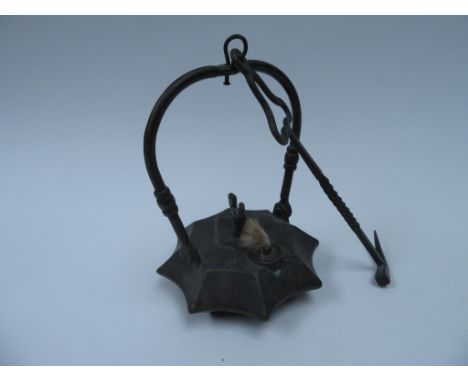 A Continental hanging oil lamp with cockerel finial, 38.5cm tall
