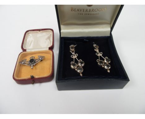 A pair of paste set chandelier earrings and 925 marked deco brooch (2)